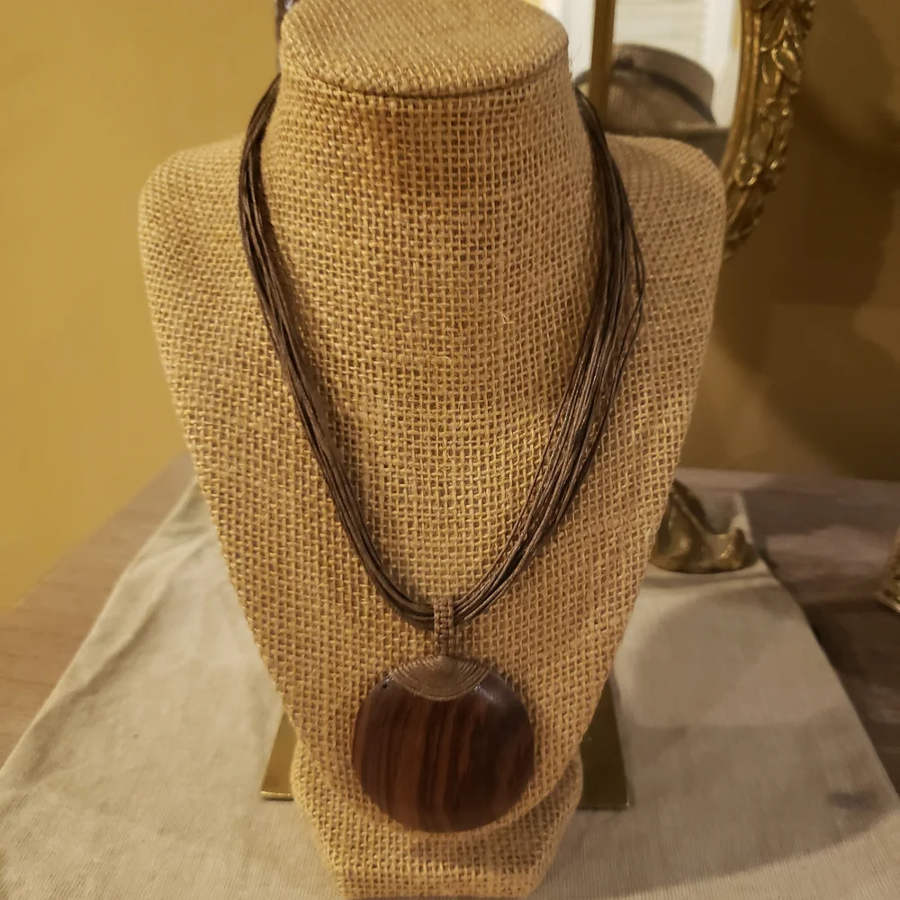 NEW! African Hand Crafted Brown Wood Pendant w/ Multilayer Necklace
